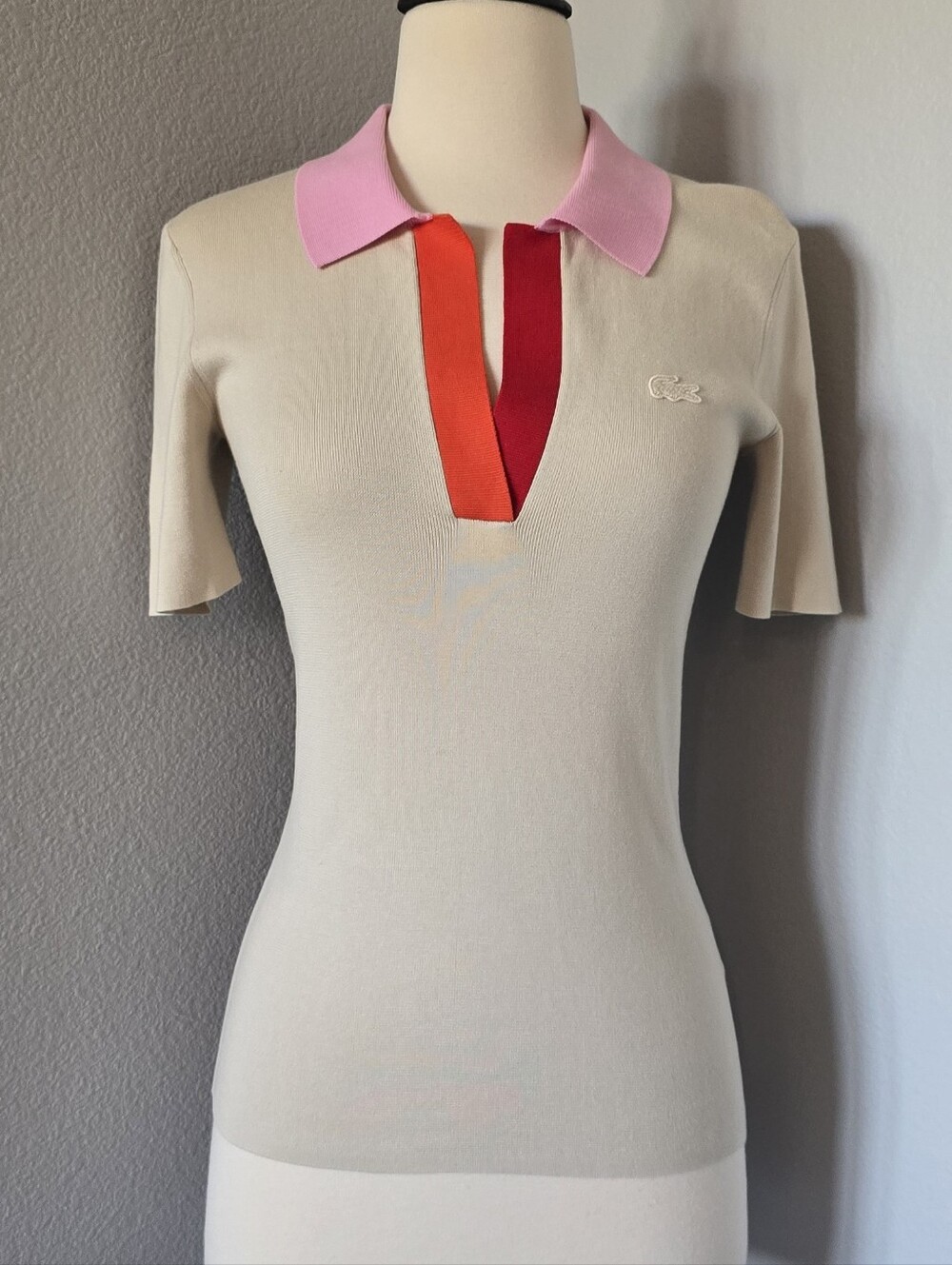 NWOT Lacoste Cream Polo Pink Red Orange Colorblock Collared Top 34 Extra Small